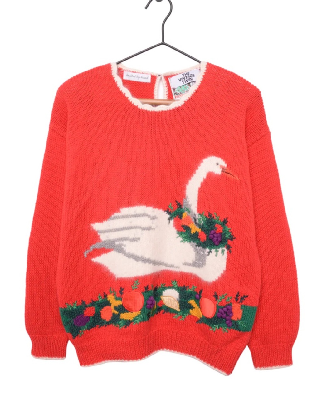Vintage Hand Knit Christmas Sweater Ramie Cotton Swan Goose Casual Corner 90s